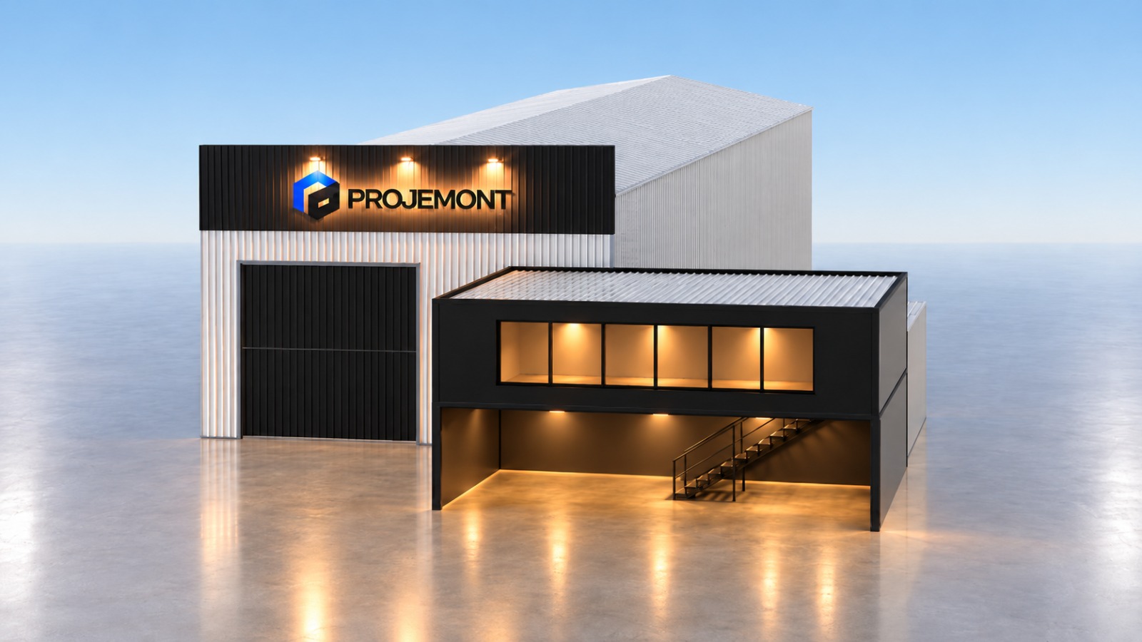 Renderização arquitetônica de uma instalação com a marca Projemont
